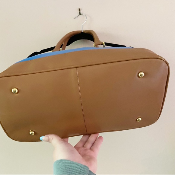 Joy Iman• large bright blue brown accent handle shoulder hand bag - Picture 6 of 8